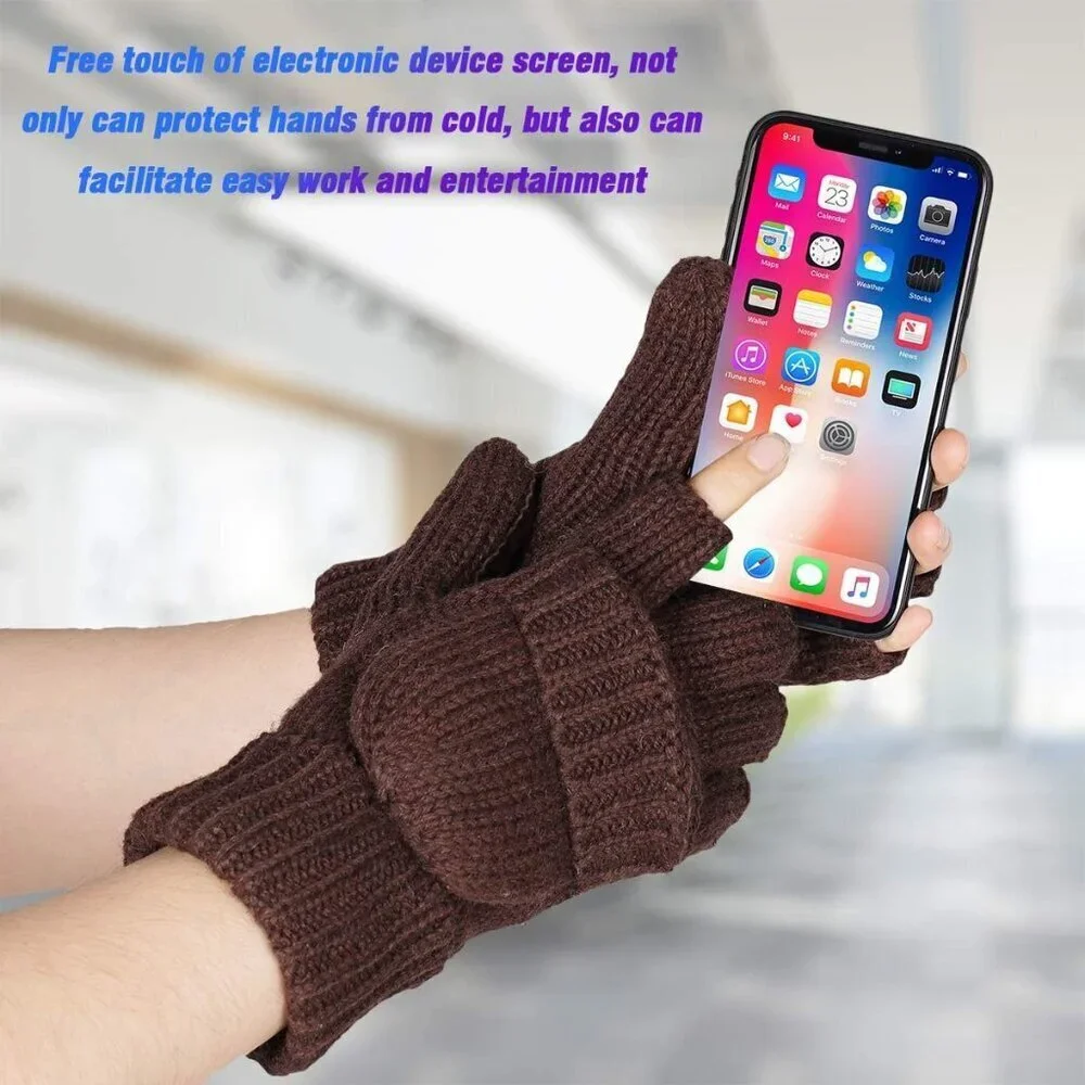 Women's Coffee Winter Warm Thermal Insulation Fingerless Texting Wool Gloves